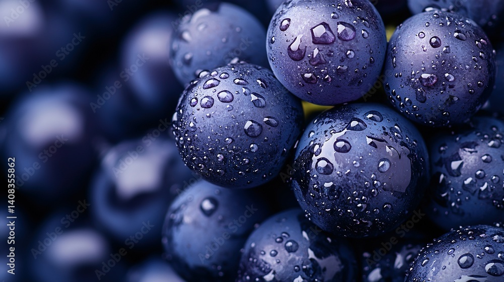 Poster a close-up of a cluster of grapes with water droplets on both the top and bottom