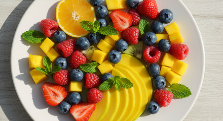 Obraz premium Refreshing Summer Fruit Medley On A White Plate For Healthy Lifestyle