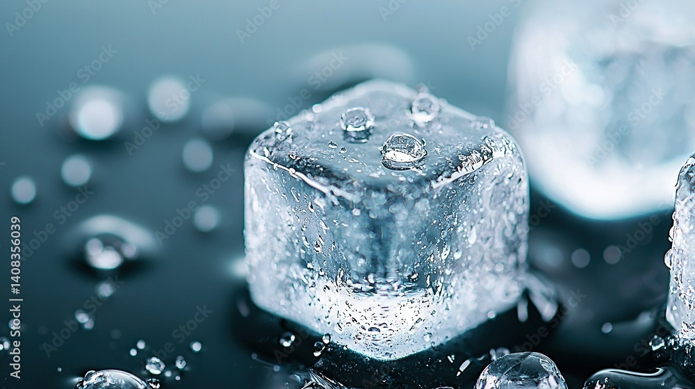 Poster ice cubes on a black surface with drops of water on a table above them