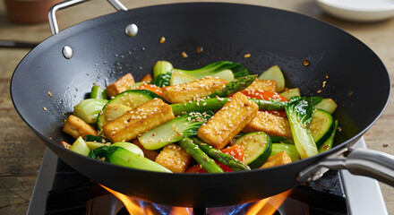 Delicious Tofu Stir Fry Cooking On A Wok With Mixed Vegetables