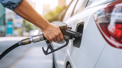 Man refuels white car with diesel or gas Closeup scene reflecting fuel crisis and transport energy issues