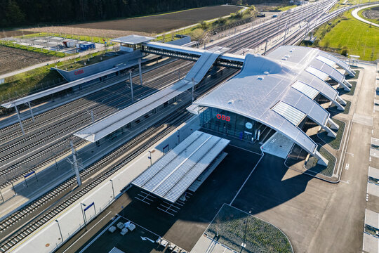 Aerial view of the new Weststeiermark, Deutschlandsberg train station at the new built Koralmbahn railway track