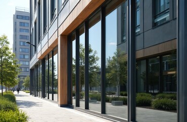 Modern office building exterior with glass surface. Business district in Lakhta. Building facade with reflections. Trees and sky reflecting on glass windows. Architecture, urban lifestyle concept.