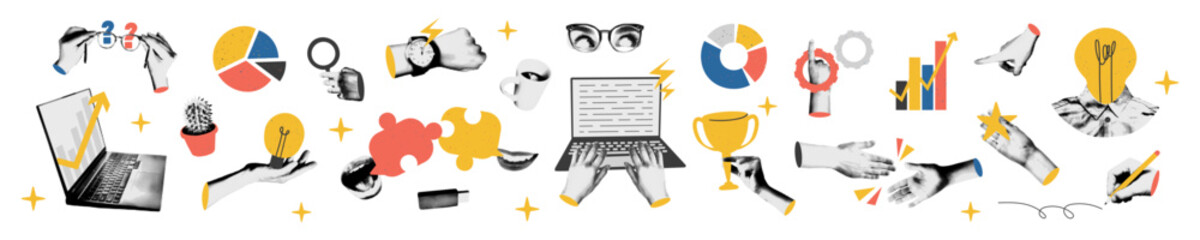 Trendy halftone collage cutout business elements set. Laptop, rising arrow chart, gears, handshake, watch, magnifier. Idea, teamwork, brainstorming and success concept Modern retro vector illustration