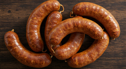 Artisanal Sausage Selection Displayed On Dark Wooden Surface Ready For Cooking