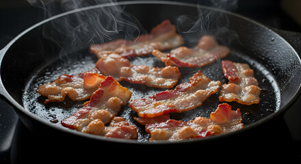 Sizzling Bacon Strips In Cast Iron Pan For Delicious Breakfast