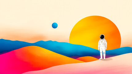 Astronaut exploring colorful alien planet with large sun and blue moon