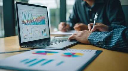 Team of businesspeople analyzing charts and graphs on laptop Financial report and data discussion in office setting