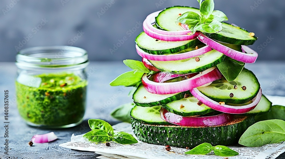Poster a cucumber christmas tree crafted with onion and cucumber slices displayed on a napkin beside a pest