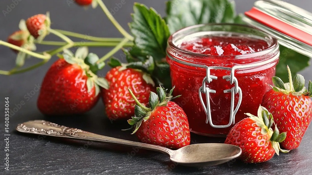 Poster a jar of strawberry jam accompanied by a cluster of strawberries and a spoon positioned adjacent to 