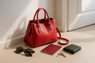 Stylish red leather handbag with everyday essentials including passport, wallet, sunglasses and keys on floor in morning light. Concept of travel, fashion accessory, minimal lifestyle, daily routine