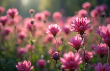 Obraz premium Red campion flowers on forest edge. Blooming pink wildflowers. Blurred green background creates soft, dreamy aesthetic, natural beauty. Perfect for nature, summer projects. Botanical beauty, floral