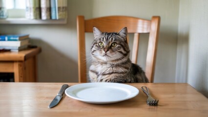 a cat sitting patiently at a wooden table, positioned behind a chair with vertical slats