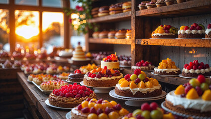 A mouthwatering display of fruit-topped cakes and pastries on rustic wooden shelves, ready to eat.