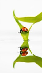 A ladybug perched on a green leaf, its reflection mirrored in still water, set against a pure white backdrop, peace, green, flora