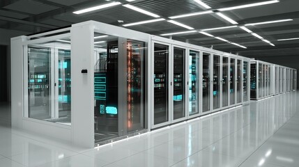 White server cabinets in clean data center AI cloud computing and cluster concept Modern technology setup