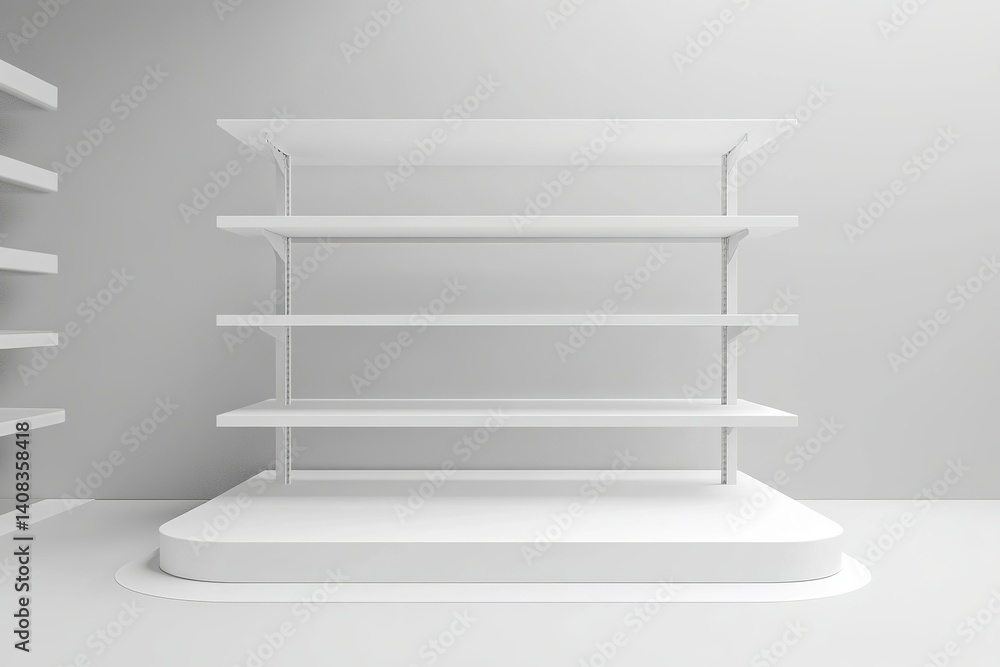 Poster a minimalist display featuring white shelves against a plain background in a studio setting view