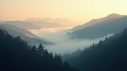 Naklejka premium Mountain fog gently rolling over forested slopes at dawn with soft morning light. Perfect for landscape photography, nature-themed projects, and atmospheric visuals.