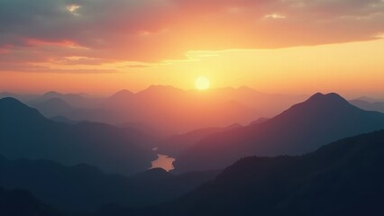 Obraz premium Sunrise in the mountains with golden light casting a warm glow over the peaks and valleys. Ideal for travel photography, nature backgrounds, and adventure visuals.
