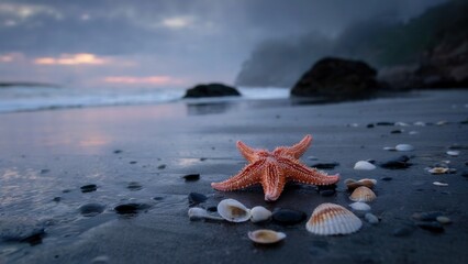 A secluded beach at dawn, featuring a vibrant orange starfish prominently displayed on the wet sand.