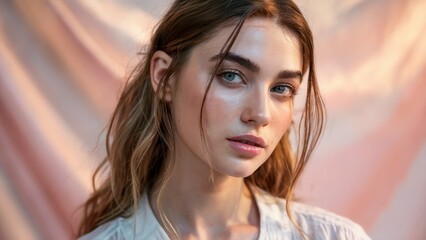 A soft, ethereal beauty portrait showcasing a young woman with flawless, dewy skin and subtly glossy lips
