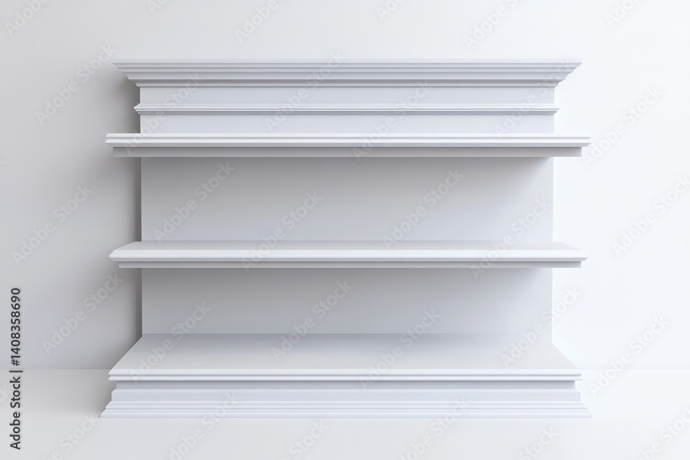 Poster a simple white shelf with three levels mounted on a white wall in a minimalist style setting scene