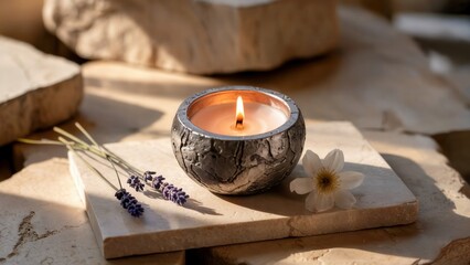 A textured stone meteorite candle cup with a burning scented candle inside, placed on a beige stone platform.