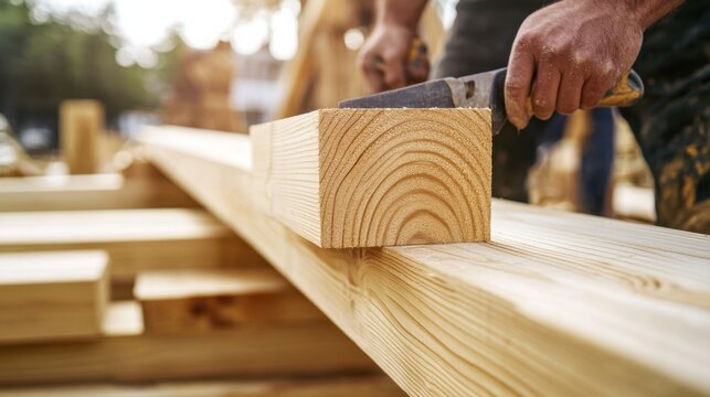 Carpenter cutting wood at a construction site. Featuring precision and craftsmanship