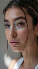 A young woman's face illuminated by iridescent highlighter, showcasing a modern ethereal beauty