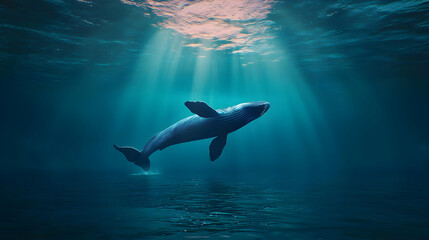 Obraz premium A Pixel Art Whale Swimming Under Water with Light Rays Shining Down in a Serene Blue Ocean Background Digital Art