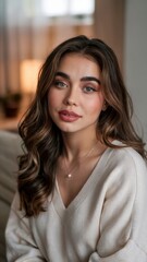 Confident woman posing in cozy sweater at home