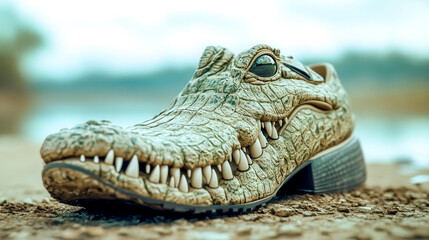 Obraz premium Crocodile shoe resting on riverbank, unique footwear design