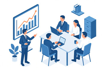 Isometric Office Design with Business Meeting and Simple Compose Layout, Concept of Corporate Strategy, Professional Collaboration, Business Growth, Productive Work Environment