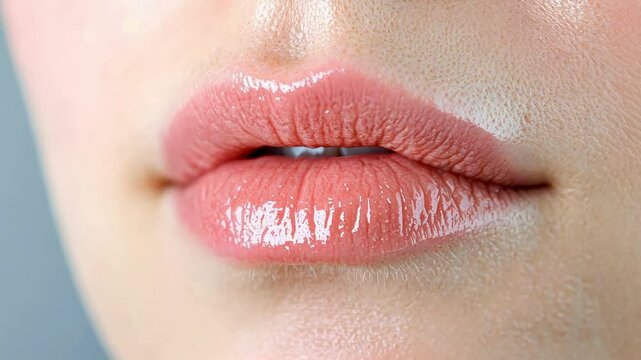 Close up of perfect natural pink lips of young woman after cosmetology treatment, plumping and lip augmentation procedure, showing healthy teeth and beautiful smile