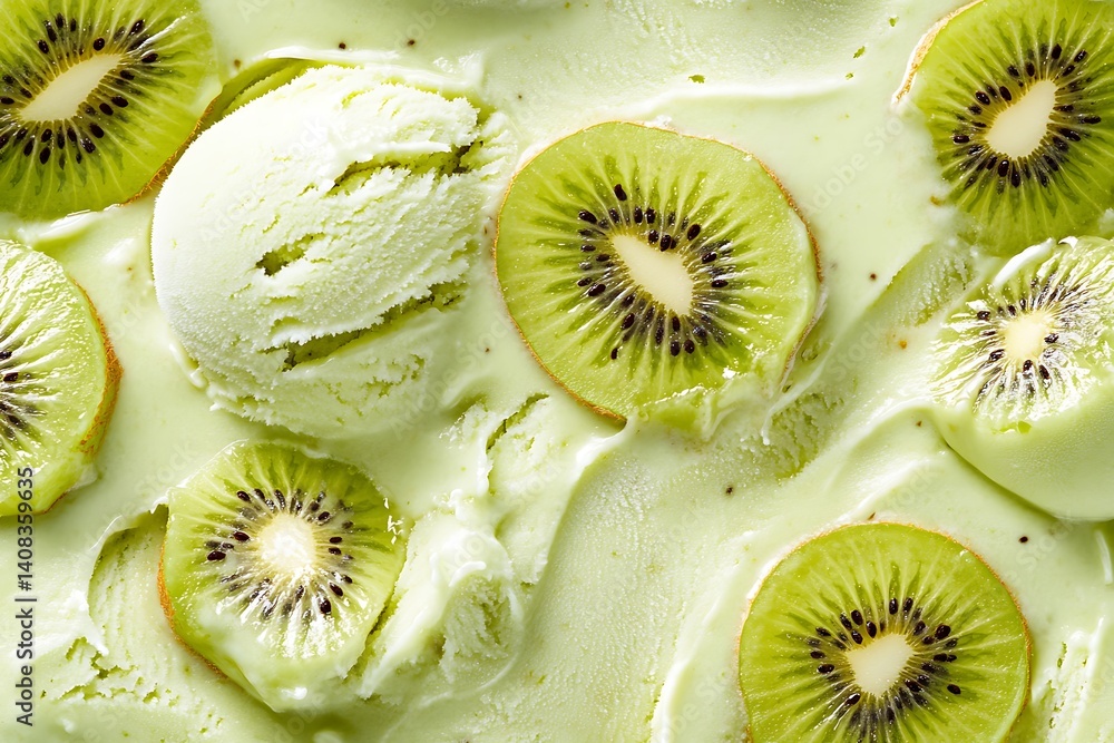 Poster kiwi-flavored ice cream decorated with thin kiwi slices on a refreshing summer background