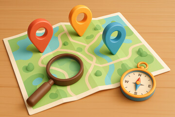 Colorful 3D cartoon map with location markers, magnifying glass and compass on wooden table. Concept of navigation, travel planning, route search, location tracking, geographic exploration