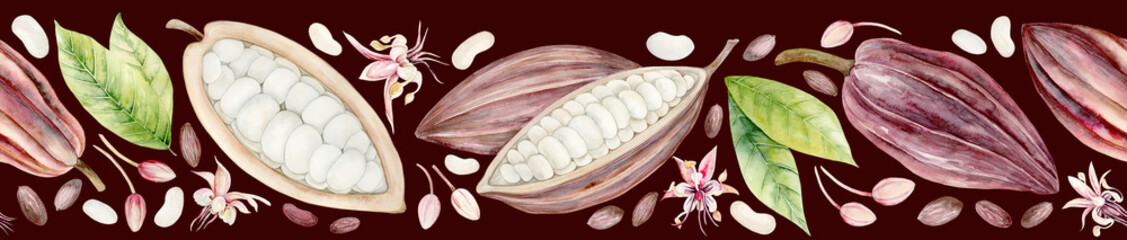 Chocolate tree pods and cacao beans. Seamless pattern. Cacao fruit. Watercolor illustration. Hand drawn in pastel colors for packaging, textiles and botanical designs.