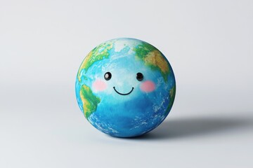 A smiling cartoon Earth globe, representing environmental care and global unity.