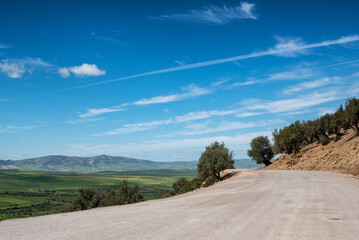 Country road under blue skies in lush Northern Morocco near Moulay Idris Zerhoun
