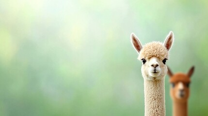 Fototapeta premium A pair of llamas grazing amidst a hazy backdrop of lush green vegetation