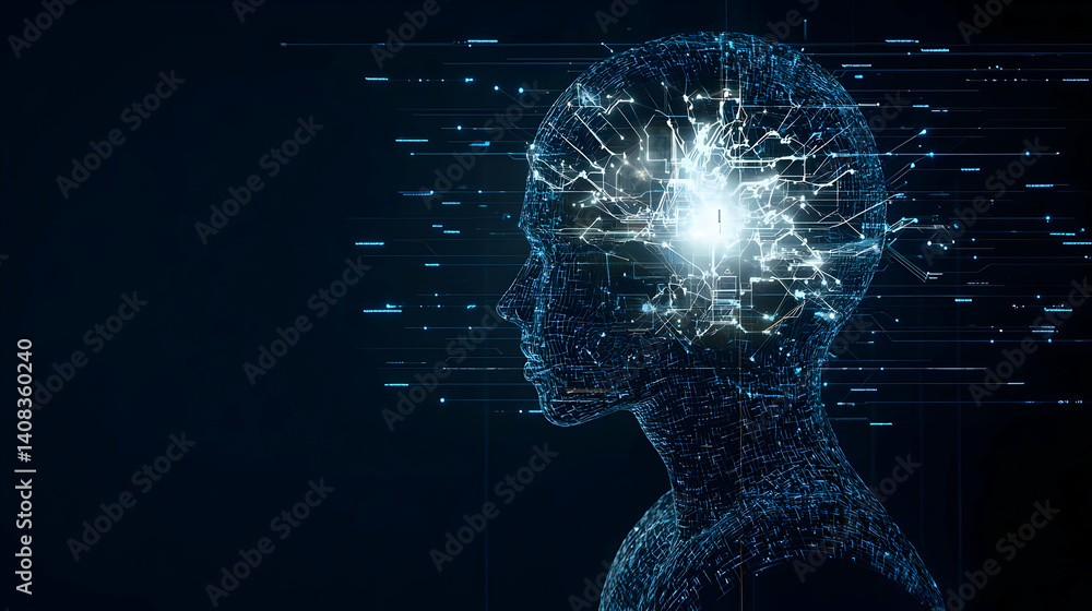 Poster abstract digital brain silhouette with glowing light and blue particles data network artificial inte