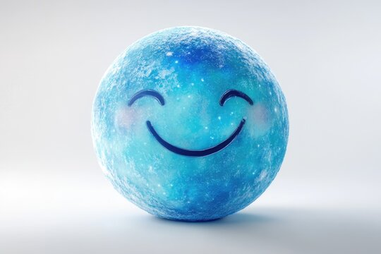 A frosty, smiling sphere with a celestial blue design, evoking winter cheer and cosmic joy. - Powered by Adobe