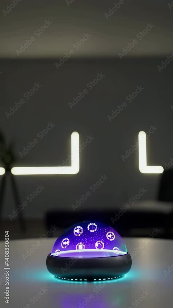 Poster rotating illuminated sphere with changing led colors on table in modern room