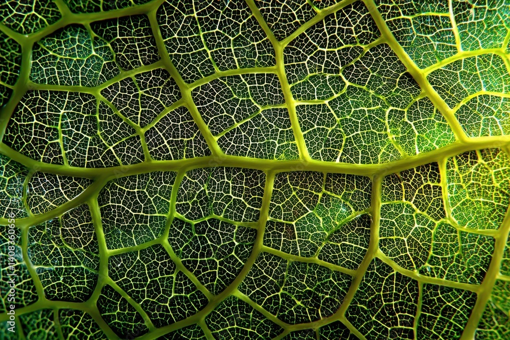 Poster a detailed macro view of a vibrant green leaf, showcasing intricate vein patterns and cellular struc