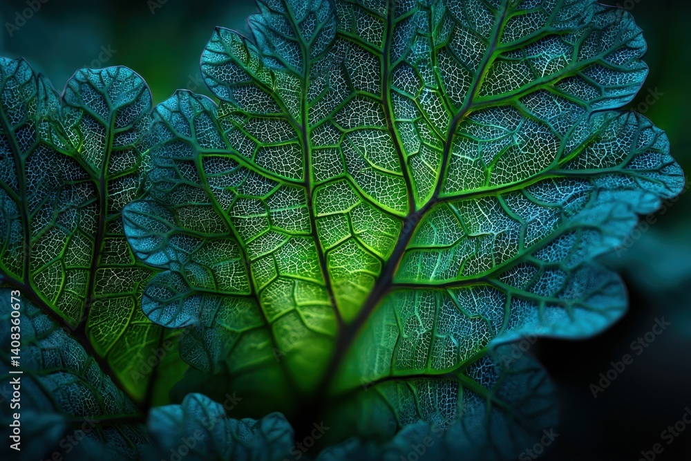 Poster a macro image of a vibrant green leaf showing detailed veins and intricate patterns, revealing the b