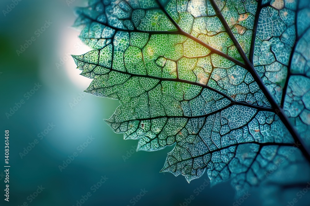 Poster a captivating close-up of a translucent leaf revealing intricate vein patterns against an abstract c