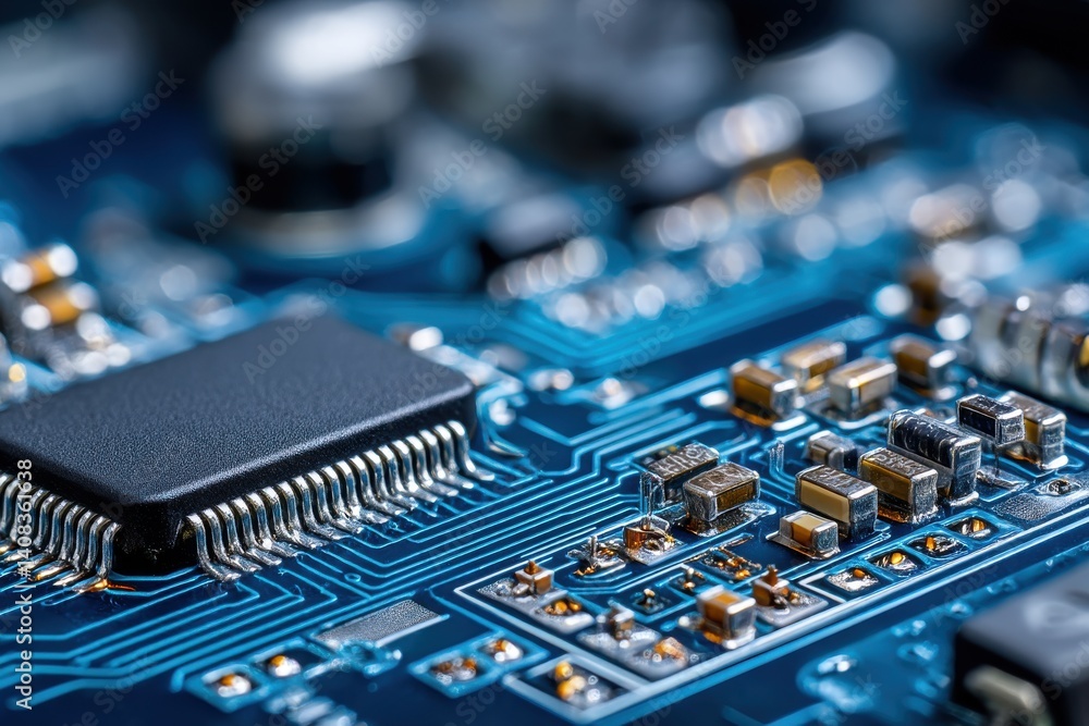 Poster detailed macro shot of a modern computer motherboard highlighting intricate electronic components, c