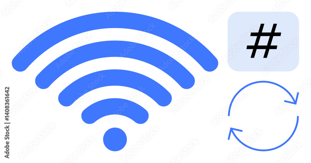 Poster wireless signal waves next to a metadata tag symbol and a circular arrow. ideal for communication, t