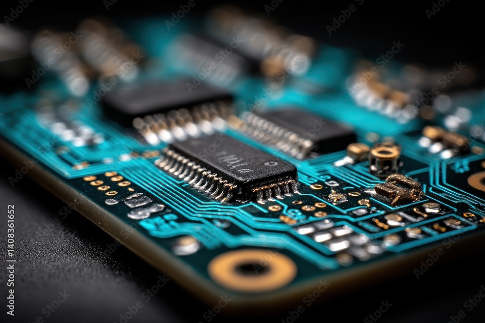 Poster a close-up shot of a complex electronic circuit board, highlighting the intricate network of blue tr