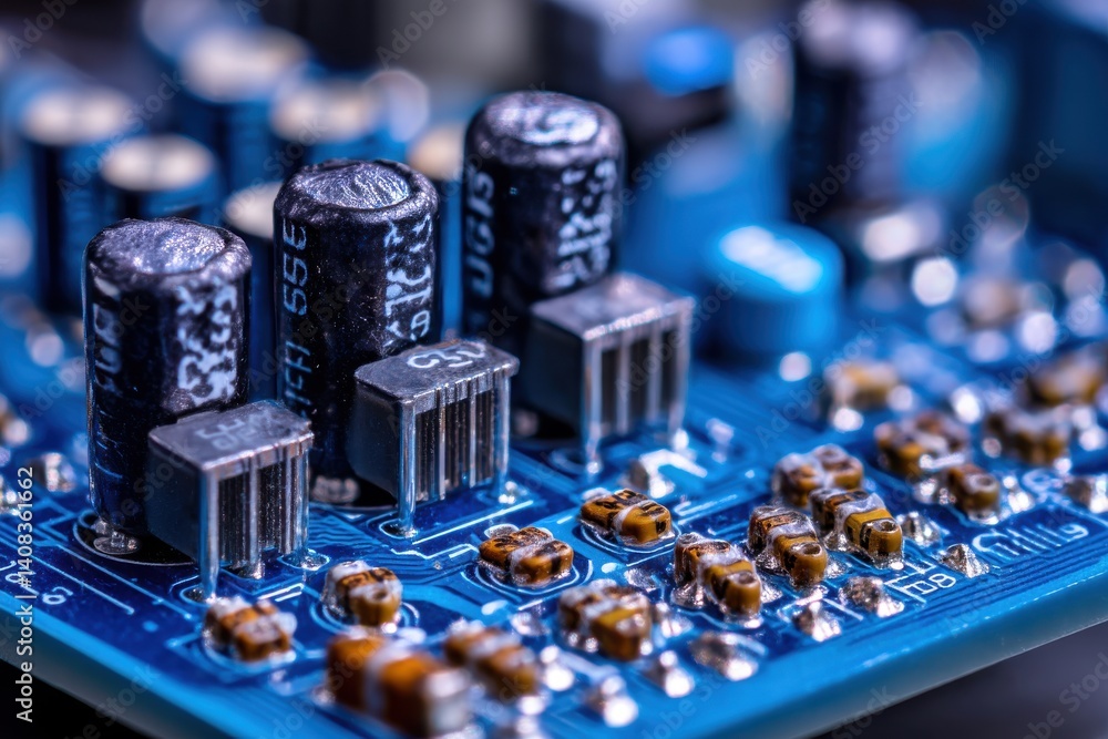 Poster macro shot of a complex blue circuit board with electronic components, showcasing intricate details 